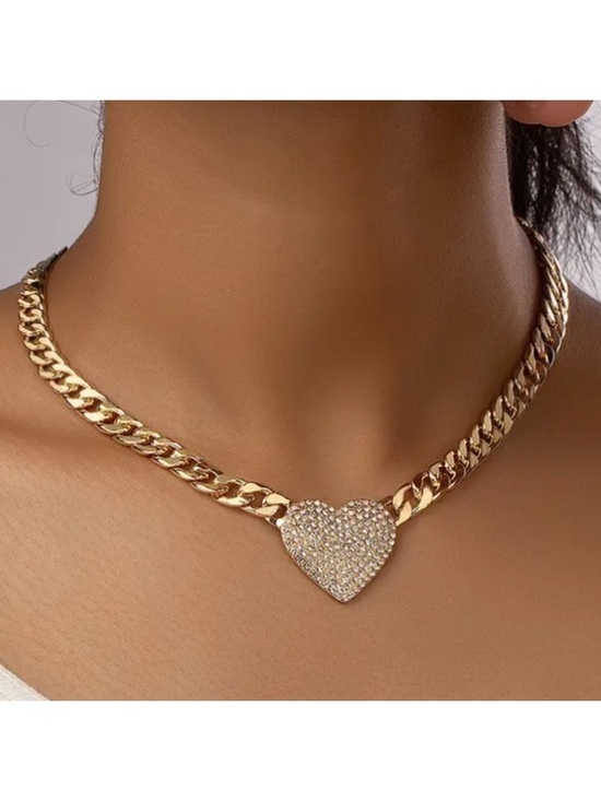 Jewelry - Diamond Heart Cuban Link Gold Toned Necklace